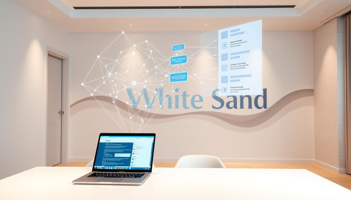 Laptop on white desk with digital data network nodes and White Sand branding projected on wall — futuristic workspace and technology visualization.