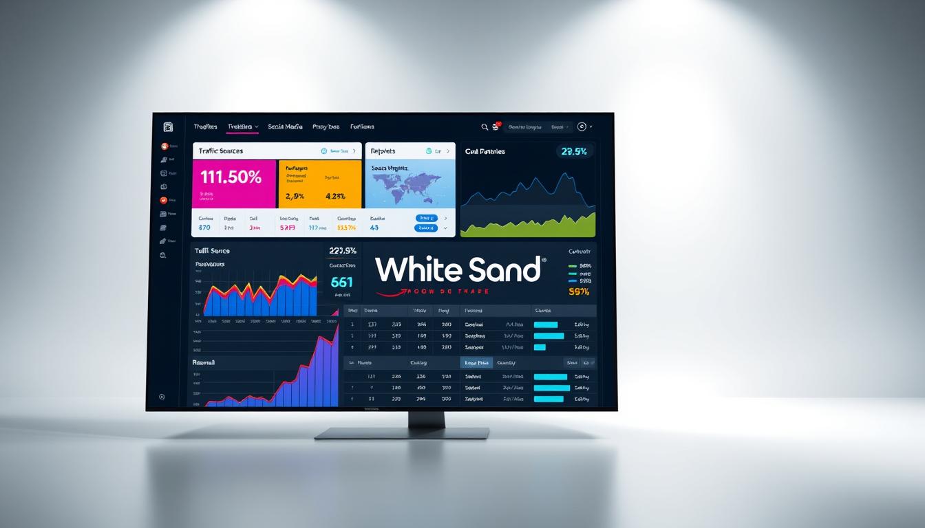 Laptop displaying Google Analytics dashboard with traffic insights and White Sand branding in background.