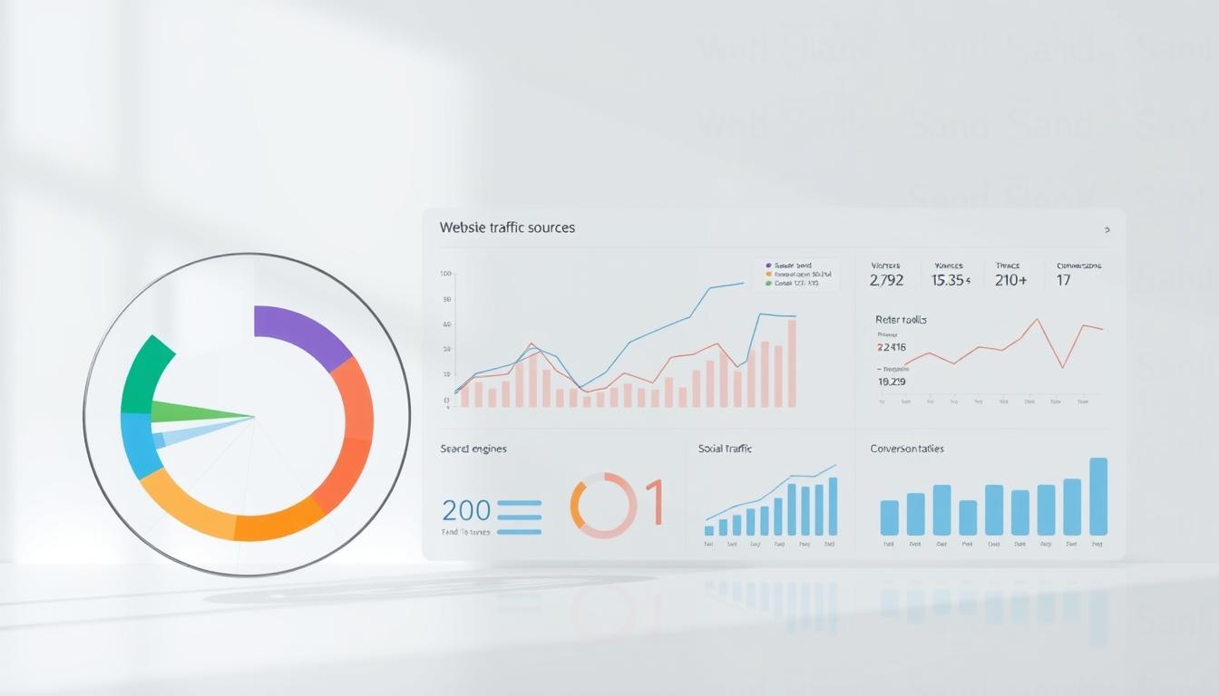 White Sand branded marketing analytics dashboard with traffic sources, social media insights, and revenue data.