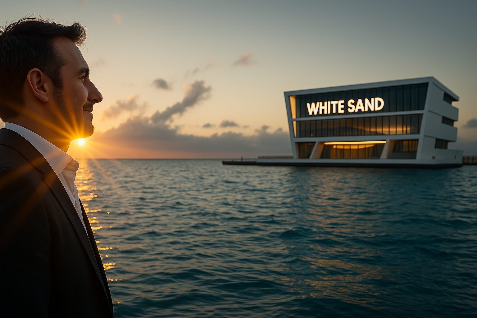 Modern White Sand branded office building floating on sea with sunset view.
