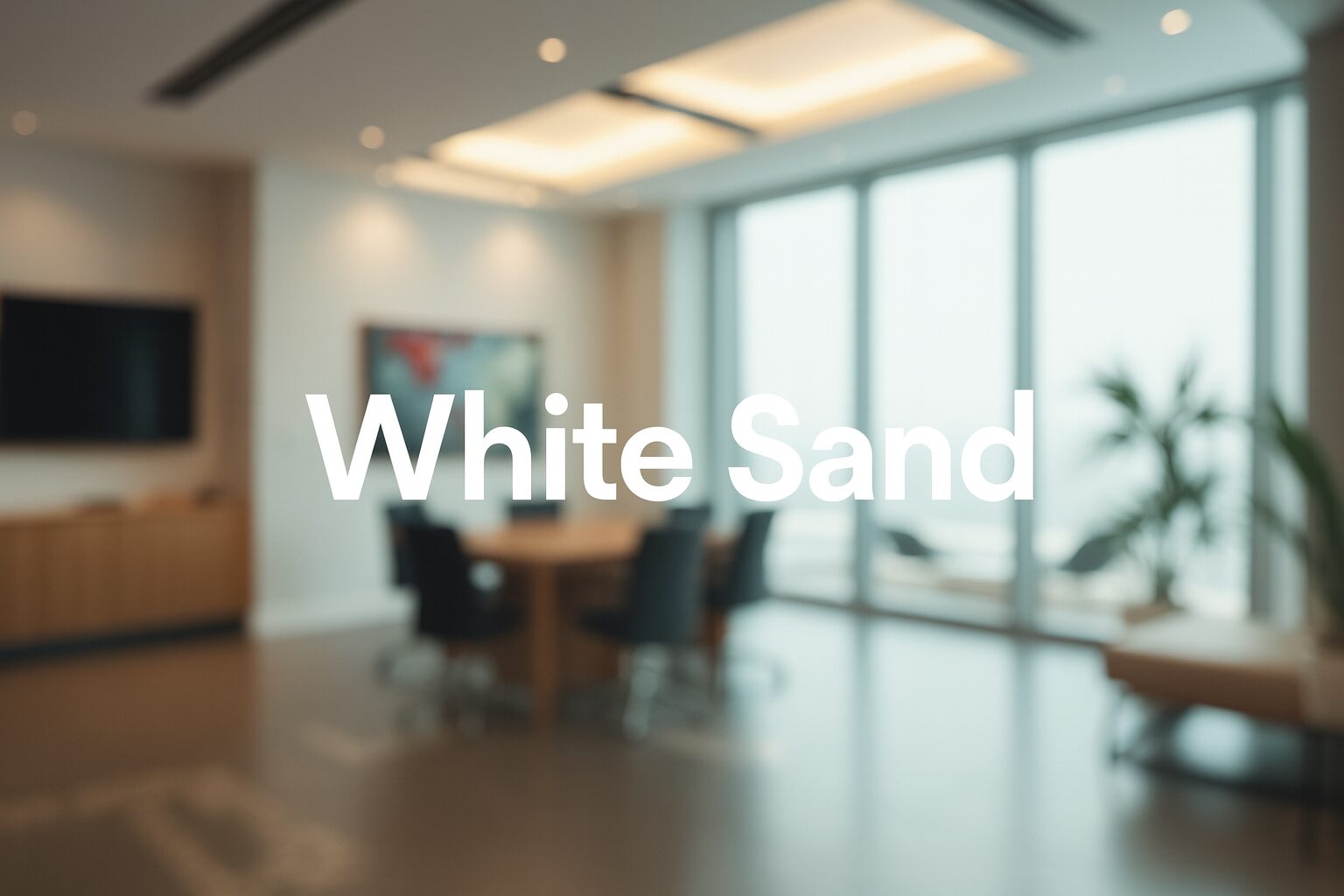 White Sand branding logo on modern office glass wall with conference room background.