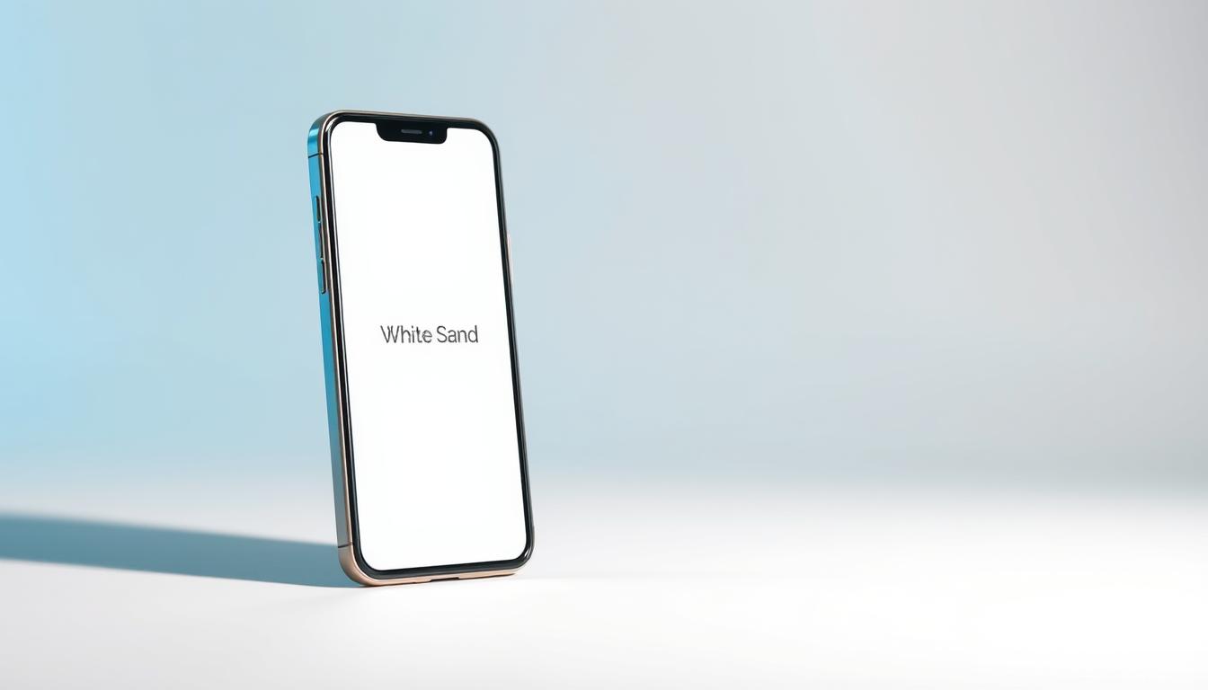 White Sand text on smartphone mockup with clean minimal studio lighting, creative agency Ahmedabad, India

