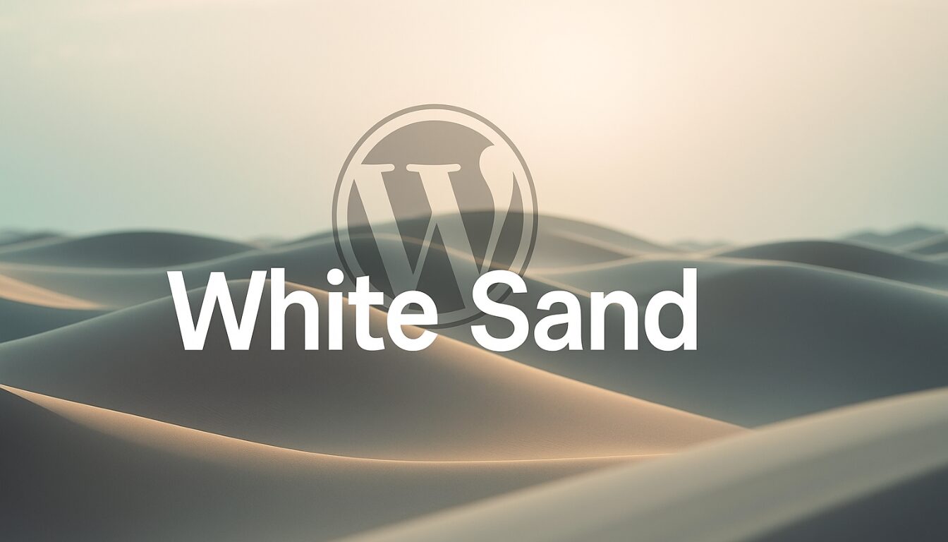 White Sand branding with WordPress logo over desert landscape background.