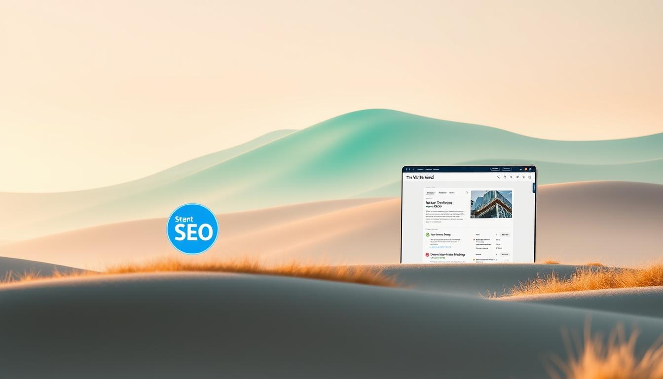 WordPress SEO dashboard illustration with White Sand branding in desert landscape.