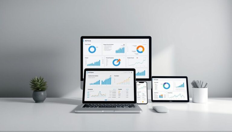 Responsive analytics dashboard on desktop, laptop, tablet and smartphone on white desk